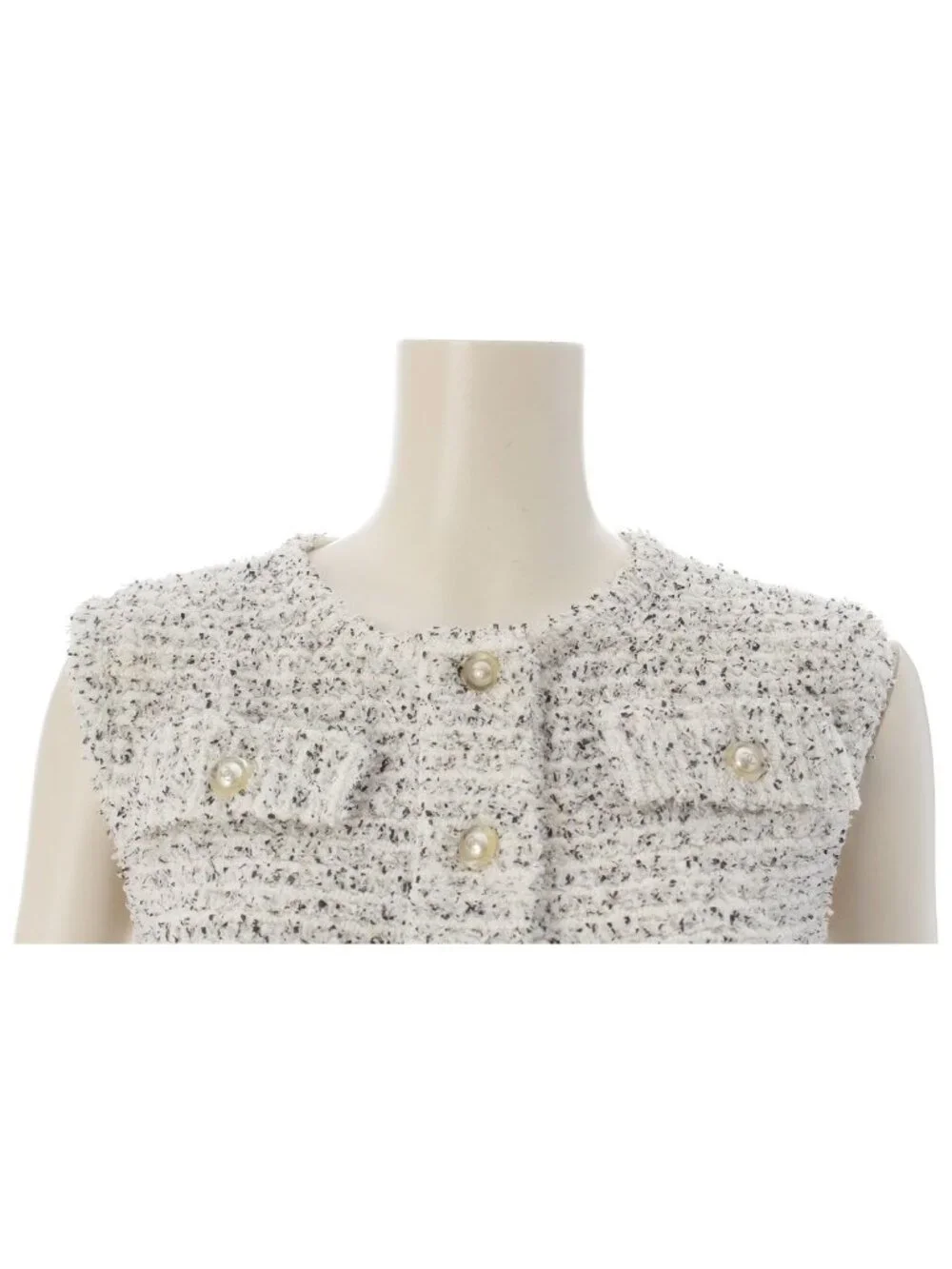 Chanel Tweed CC Logo Pearl Clear Button Sleeveless Fitted Dress White 36